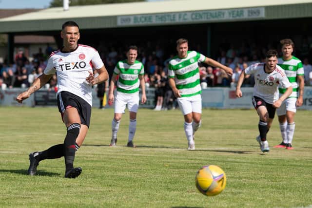 Aberdeen's Christian Ramirez scores a penalty to make it 1-1 during a pre-season friendly against Buckie Thistle.