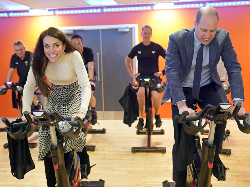 The Prince and Princess of Wales take part in a spin class during a visit to Aberavon Leisure and Fitness Centre in Port Talbot, to meet local communities and hear about how sport and exercise can support mental health and wellbeing.