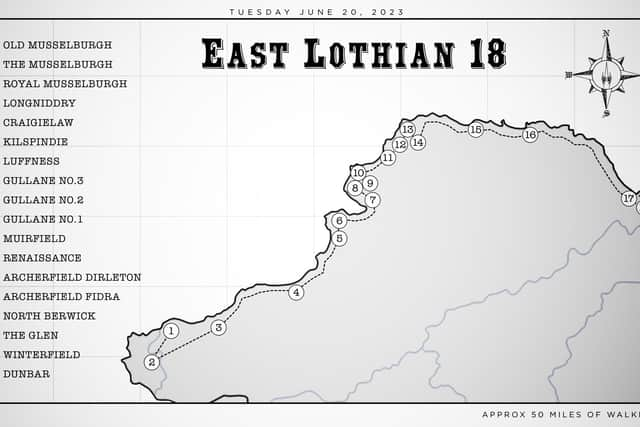 Jamie Kennedy will walk approximately 50 miles as he plays one hole on 18 courses in East Lothian