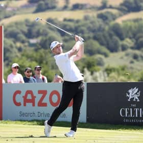 Connor Syme tees off on the seventh hole during day four of the Cazoo Open at Celtic Manor Resort in Newport. Picture; Warren Little/Getty Images.