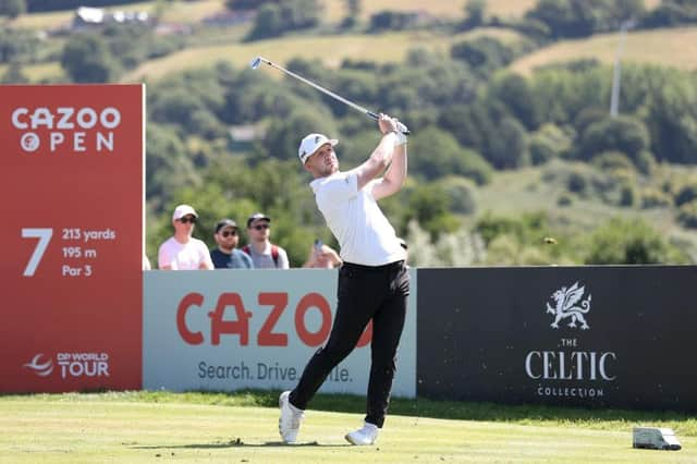 Connor Syme tees off on the seventh hole during day four of the Cazoo Open at Celtic Manor Resort in Newport. Picture; Warren Little/Getty Images.