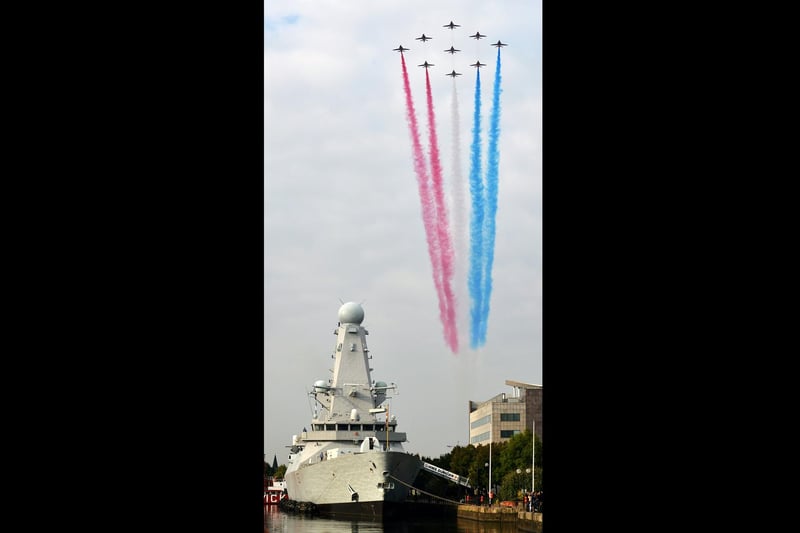 HMS Duncan formed a centre stage for the fly over of NATO Military Aircraft on the 5th Sept whilst moored alongside Britannia Quay in Cardiff during the NATO Summit on the 4th and 5th Sept 2014. The Red Arrows flew over as part of the summit.