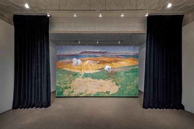 One of three painted scenic backdrops in 45th Parallel by Lawrence Abu Hamdan PIC: Toni Hafkenscheid