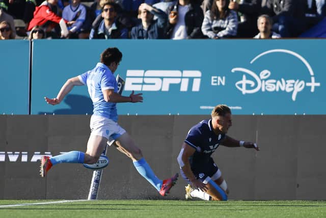 Duhan Van Der Merwe scores his record-setting 28th try for Scotland in Uruguay.