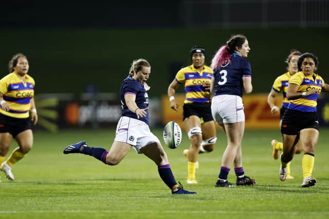 Sarah Law in action during Scotland's win over Colombia which clinched their place at the Rugby World Cup. (Photo by Christopher Pike - World Rugby/World Rugby via Getty Images)