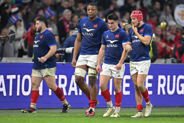 Glum faces for France's Cyril Baille, Cameron Woki, Nolann Le Garrec and Louis Bielle-Biarrey after the defeat by Ireland on the opening night of the Six Nations in Marseille.  (Photo by NICOLAS TUCAT/AFP via Getty Images)