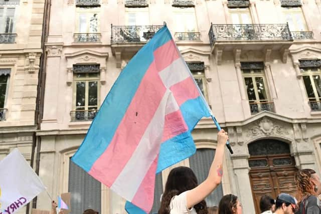 A transgender flag flies during a demonstration (photo by Matthieu Delaty / Hans Lucas / Hans Lucas via AFP). The IFA is being called on to ban 'transwomen' from female teams in NI