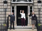 First Minister Nicola Sturgeon (centre) welcoming Scottish Green co-leaders Patrick Harvie and Lorna Slater at Bute House, Charlotte Square, Edinburgh
