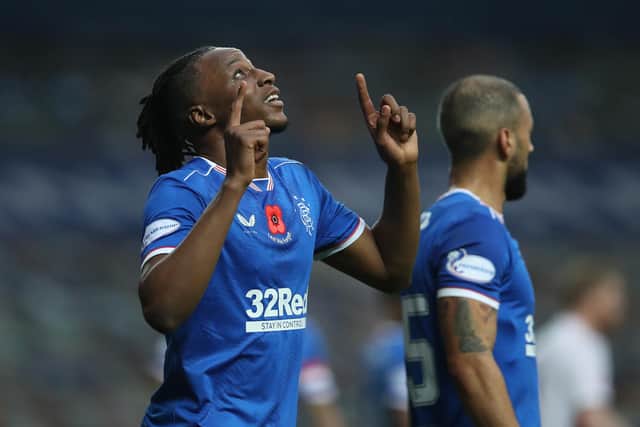Joe Aribo celebrates after making it 3-0 for Rangers in their Premiership victory over Hamilton Accies at Ibrox on Sunday afternoon. (Photo by Ian MacNicol/Getty Images)