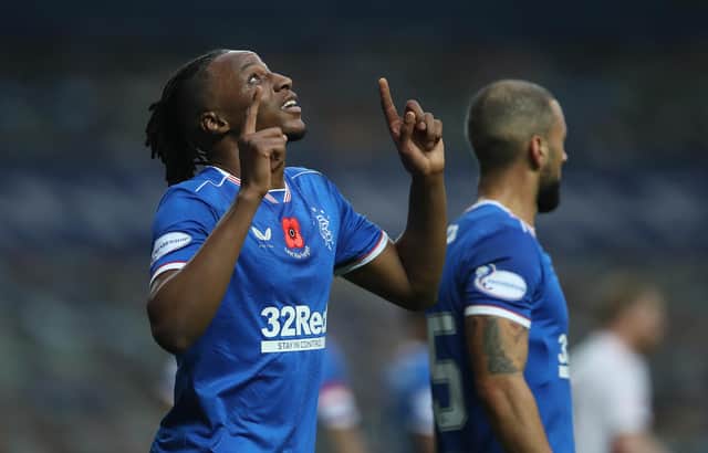 Joe Aribo celebrates after making it 3-0 for Rangers in their Premiership victory over Hamilton Accies at Ibrox on Sunday afternoon. (Photo by Ian MacNicol/Getty Images)