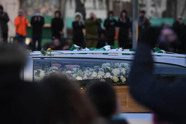 Former Celtic player Bertie Auld's funeral cortege passes Celtic Park. Picture: Craig Foy/SNS Group
