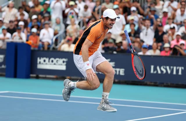 Andy Murray of Great Britain screams in pain after hurting his left ankle during his match against Tomas Machac.