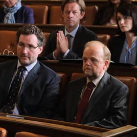 Pictured: John Hollingworth as James Hartley and Toby Jones as Alan Bates.