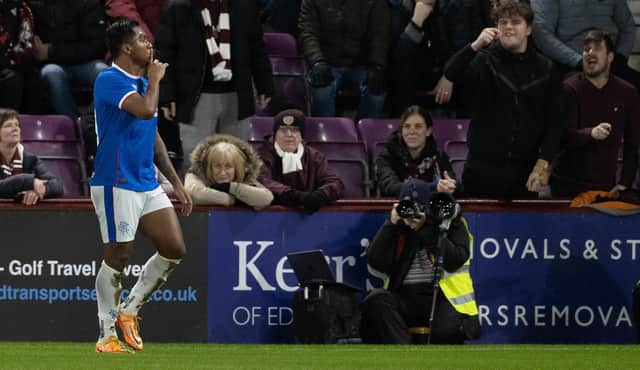Morelos celebrates scoring at Tynecastle in typical Alfredo fashion - with a typical response from the home stands.