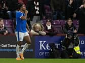 Morelos celebrates scoring at Tynecastle in typical Alfredo fashion - with a typical response from the home stands.