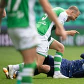 Hibs' Ryan Porteous and Kilmarnock's Kyle Lafferty came together on more than one occasion.