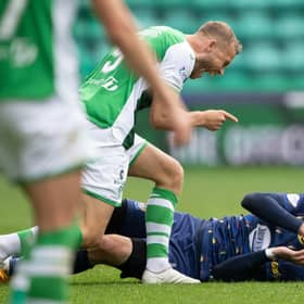 Hibs' Ryan Porteous and Kilmarnock's Kyle Lafferty came together on more than one occasion.