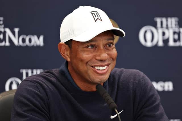 Tiger Woods looked to be enjoying himself as he faced a media grilling ahead of the 150th Open at St Andrews. Picture: Harry How/Getty Images.