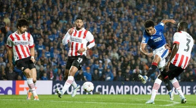 Rangers' Malik Tillman has a shot at goal during a UEFA Champions League Play-Off Round match between Rangers and PSV Eindhoven at Ibrox Stadium, on August 16, 2022, in Glasgow, Scotland.  (Photo by Craig Williamson / SNS Group)