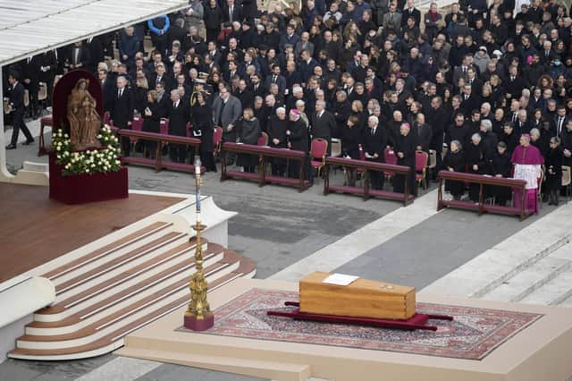 Dignitaries attend the funeral mass for Pope Emeritus Benedict XVI at St. Peter's square on January 5, 2023 in Vatican City, Vatican. Former Pope Benedict XVI, who served as head of the Catholic Church from 19 April 2005 until his resignation on 28 February 2013, died on 31 December 2022 aged 95. (Photo by Christopher Furlong/Getty Images)
