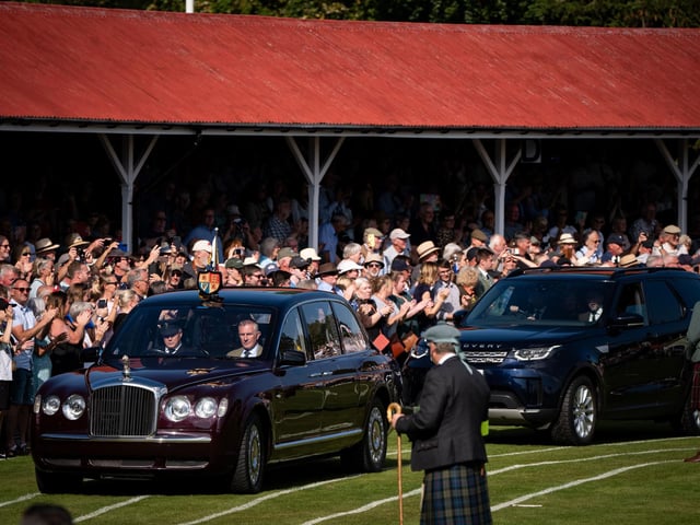 King Charles III and Queen Camilla arriving for the Braemar Gathering