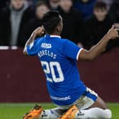 Rangers striker Alfredo Morelos celebrates his second goal after making it 3-0 against Hearts (Photo by Alan Harvey / SNS Group)