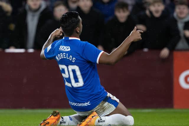Rangers striker Alfredo Morelos celebrates his second goal after making it 3-0 against Hearts (Photo by Alan Harvey / SNS Group)