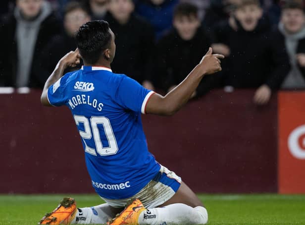 Rangers striker Alfredo Morelos celebrates his second goal after making it 3-0 against Hearts (Photo by Alan Harvey / SNS Group)