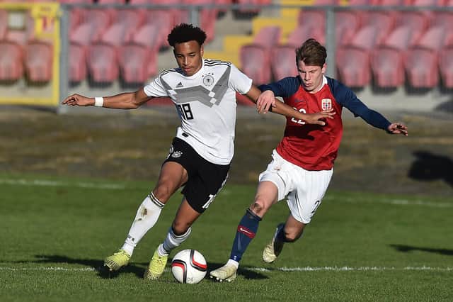 Runar Hauge (right) pictured in action for Norway U19s during a match against Germany U19s in 2019. (Photo by Charles McQuillan/Getty Images for DFB)