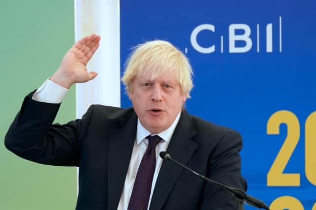 Prime Minister Boris Johnson speaking during the CBI annual conference, at the Port of Tyne, in South Shields. Picture: PA