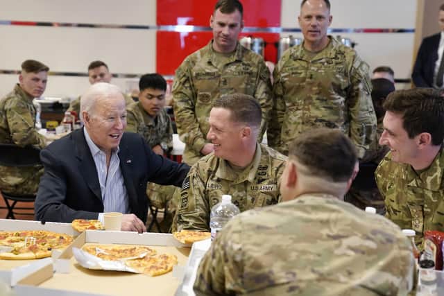 President Joe Biden visits the US 82nd Airborne Division at Jasionka in Poland near the border with Ukraine on Friday. Picture: Evan Vucci/AP