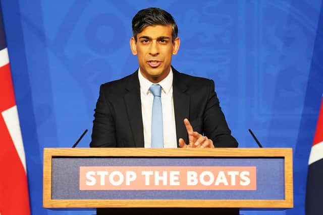 Prime Minister Rishi Sunak at a press conference in Downing Street after seeing the Safety of Rwanda Bill passed in the House of Commons. Image: Stefan Rousseau/Getty Images.
