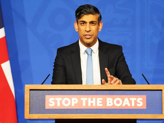 Prime Minister Rishi Sunak at a press conference in Downing Street after seeing the Safety of Rwanda Bill passed in the House of Commons. Image: Stefan Rousseau/Getty Images.