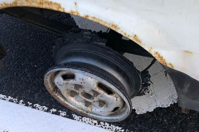 The driver was pulled over on Wednesday as he was travelling in a vehicle that was missing a tyre.