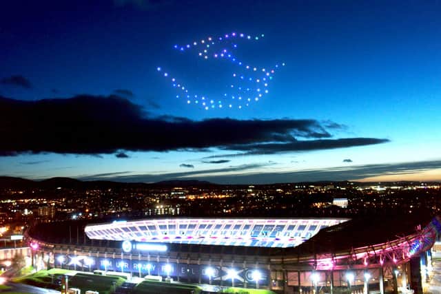 A 'drone swarm' was used to create an image of a handshake above Murrayfield Stadium in the final part of the Hogmanay film
