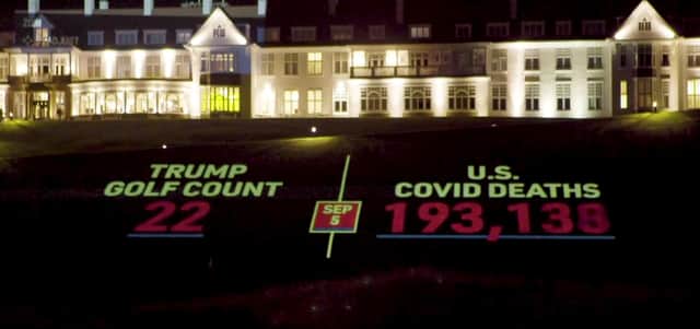 Protesters projected the rising US Covid-19 death toll on to Trump Turnberry. Picture: Led By Donkeys