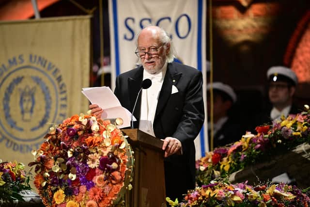 Nobel Prize in Literature 2025 laureate Hungarian writer Laszlo Krasznahorkai addresses a speech at the end of the Nobel Prize banquet on December 10, 2025 at the City Hall in Stockholm, Sweden.
