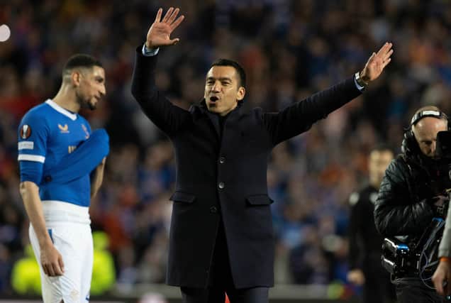 GLASGOW, SCOTLAND - MAY 05: Rangers manager Giovanni van Bronckhorst at full time during a UEFA Europa League Semi-Final match between Rangers and Red Bull Leipzig at Ibrox Stadium, on May 05, 2022, in Glasgow, Scotland. (Photo by Alan Harvey / SNS Group)