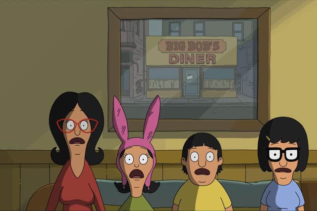 Linda Belcher (voiced by John Roberts), Louise Belcher (voiced by Kristen Schaal), Gene Belcher (voiced by Eugene Mirman) abd Tina Belcher (voiced by Dan Mintz) in 20th Century Studios' The Bob's Burgers Movie PIC: courtesy of 20th Century Studios.