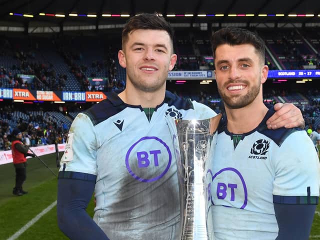 Blair Kinghorn (left) and Adam Hastings after Scotland's win over France in 2020. (Photo by Gary Hutchison / SNS Group / SRU)