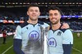 Blair Kinghorn (left) and Adam Hastings after Scotland's win over France in 2020. (Photo by Gary Hutchison / SNS Group / SRU)