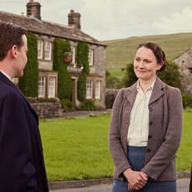 Filming has started in the Yorkshire Dales for Series 6 of All Creatures Great And Small, although as yet, cast and crew have not been spotted in their usual fliming locations. In this scene from series four, right to left, James Herriot (Nicholas Ralph) is with Mrs Hall (Anna Madeley) and Siegfried Farnon (Samuel West). Picture: Channel 5, Playground, Helen Williams