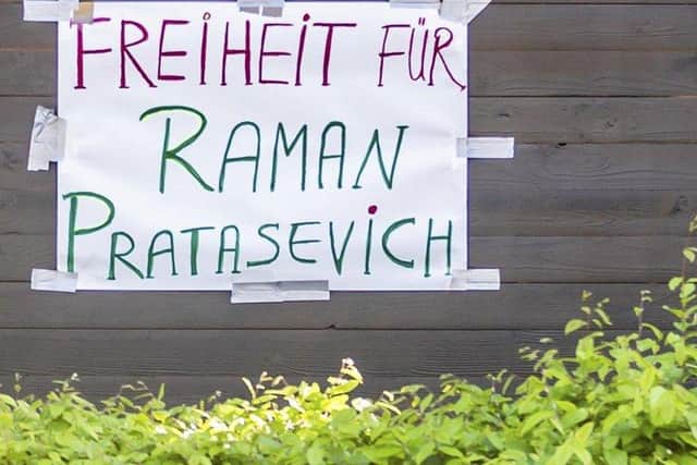 "Freedom for Raman Pratasevich" (Roman Protashevich) is written on a protest wagon in front of the Embassy of Belarus in Berlin, Germany, Monday picture: Christoph Soeder/dpa via AP.