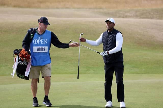 Tiger Woods with caddie Joe LaCava during a practice round prior to The 150th Open at St Andrews. Picture: Harry How/Getty Images.