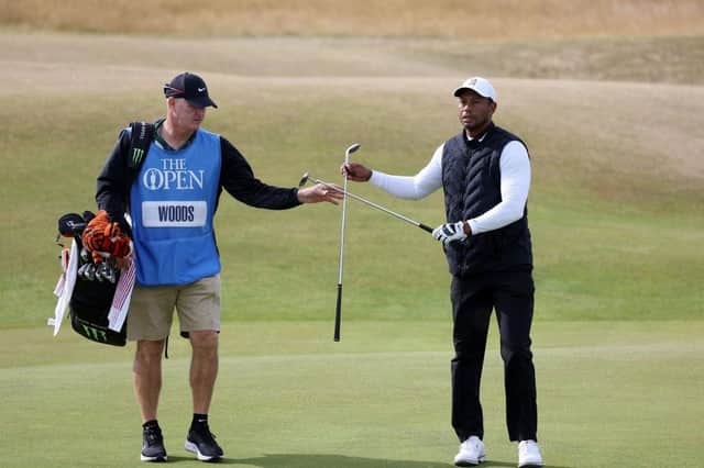 Tiger Woods with caddie Joe LaCava during a practice round prior to The 150th Open at St Andrews. Picture: Harry How/Getty Images.