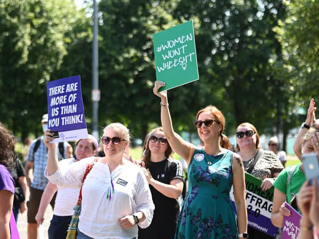 A socially distanced protest organised by campaign group For Women Scotland was held on Tuesday at Glasgow Green, the historic site of suffragette rallies in the city (Picture: John Devlin)
