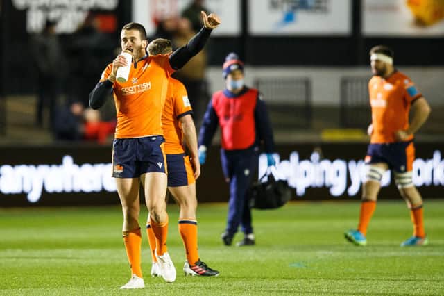 Emiliano Boffelli of Edinburgh acknowledges the crowd after scoring a try. Photo by Gruffydd Thomas/Huw Evans/Shutterstock