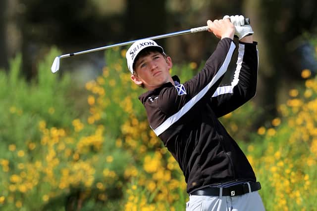 Calum Scott on his way to beating Conor Gough of in the openin round of the R&A Amateur Championship at Nairn. Picture David Cannon/R&A/R&A via Getty Images.
