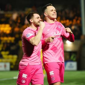 Hearts goalscorer Lawrence Shankland (R) celebrates with teammate Alan Forrest (L) during their victory over Livingston. Photo by Roddy Scott / SNS Group