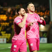 Hearts goalscorer Lawrence Shankland (R) celebrates with teammate Alan Forrest (L) during their victory over Livingston. Photo by Roddy Scott / SNS Group
